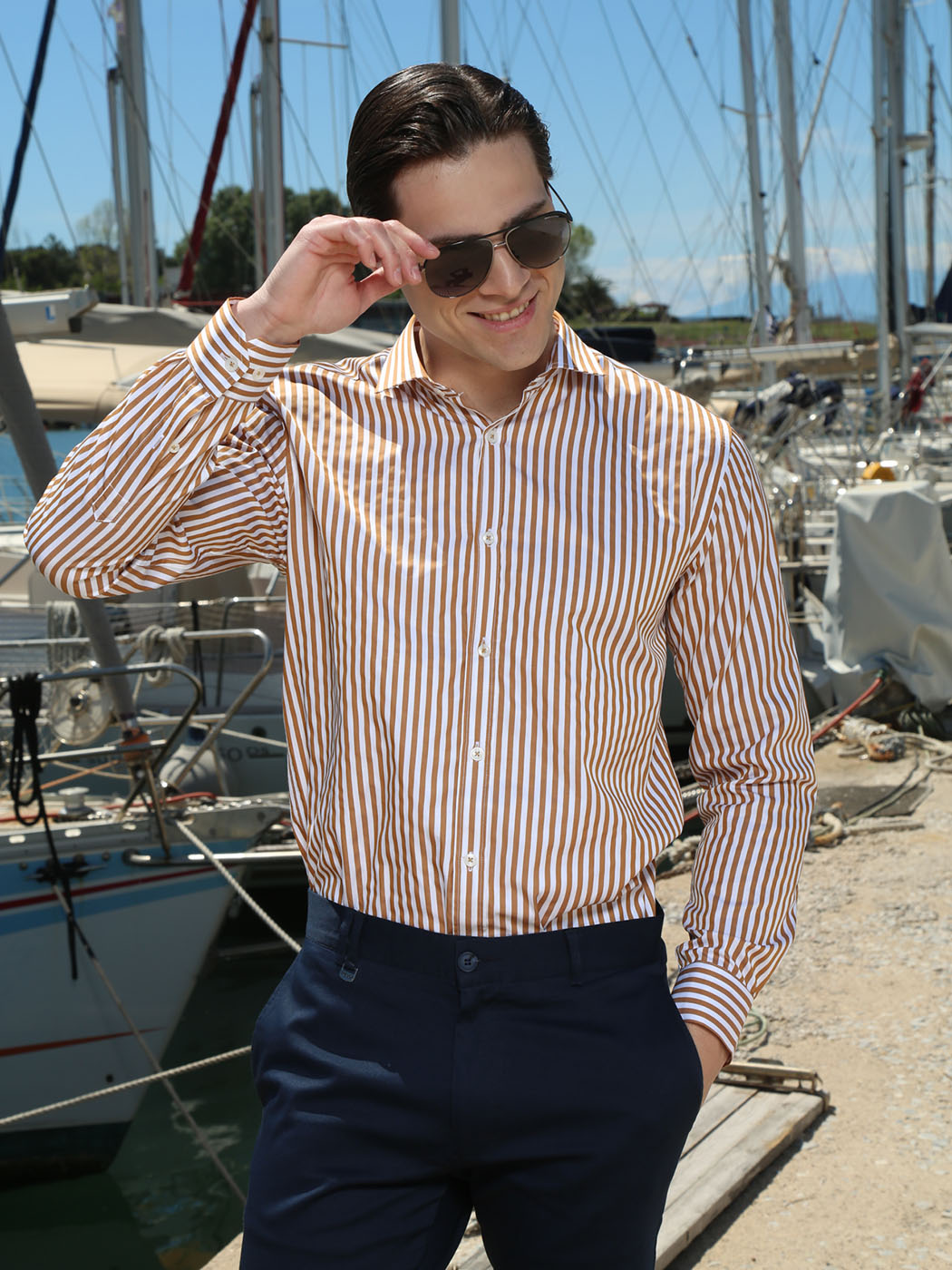 33-7401 CAMEL (3) copy Ανδρικό Slim Ριγέ Πουκάμισο SILVANO 33-7401 Λευκό/Camel Slim-fit - Image 1