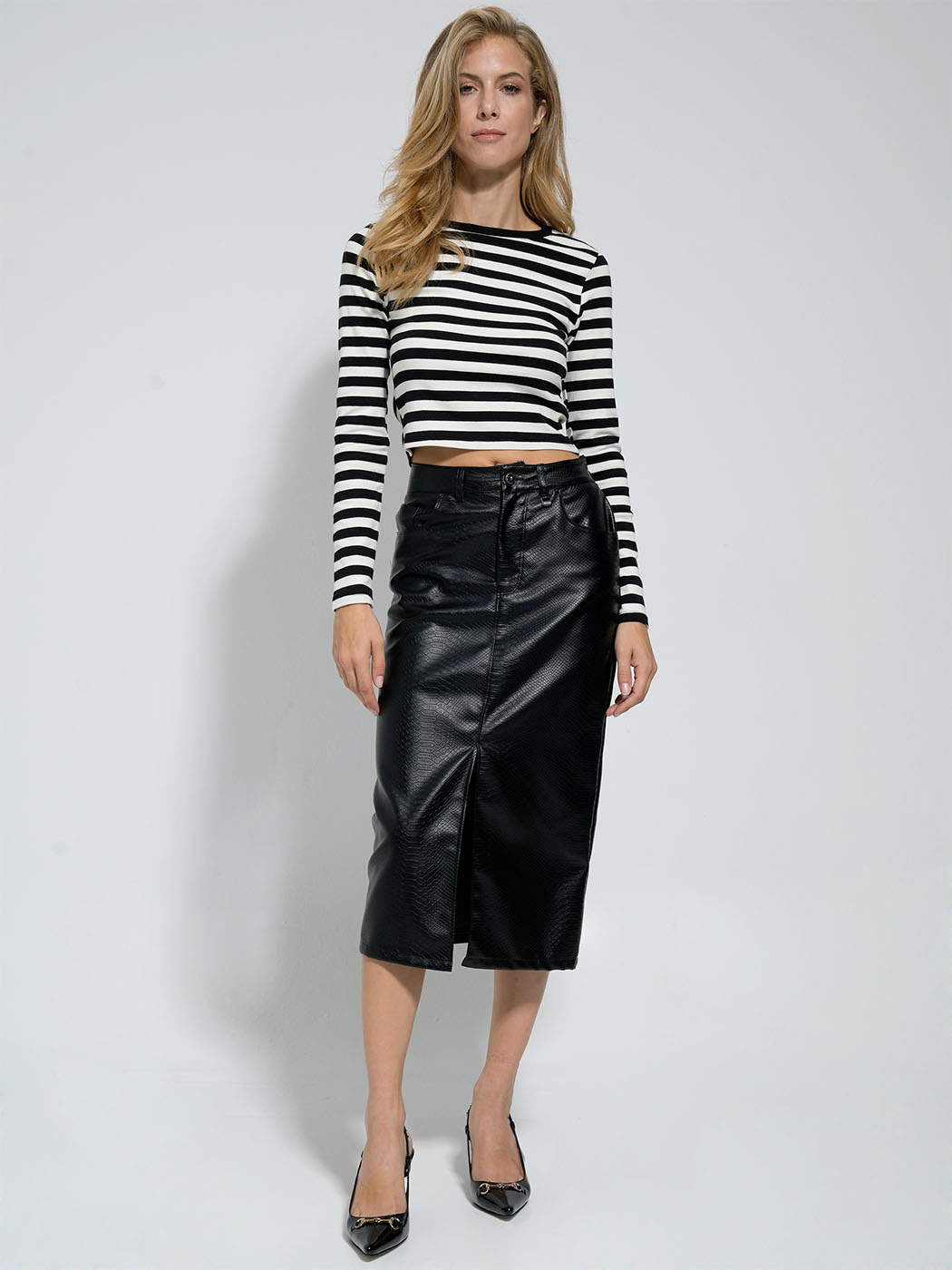 1654 copy Ψηλόμεση Μίντι Ελαστική Φούστα Croco-Effect COSTIELA 945091 μαύρο - Image 1