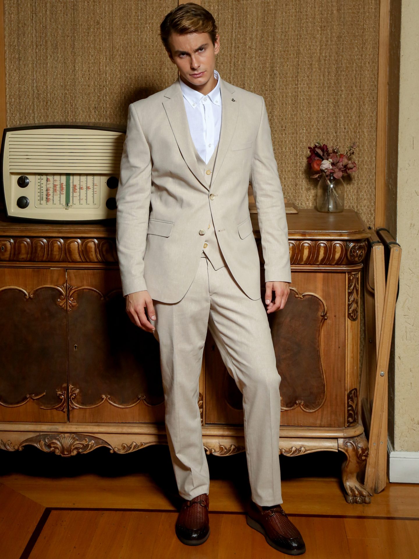 1238 Λινό Κοστούμι Με Γιλέκο RENZO 2018 Μπεζ - Image 1