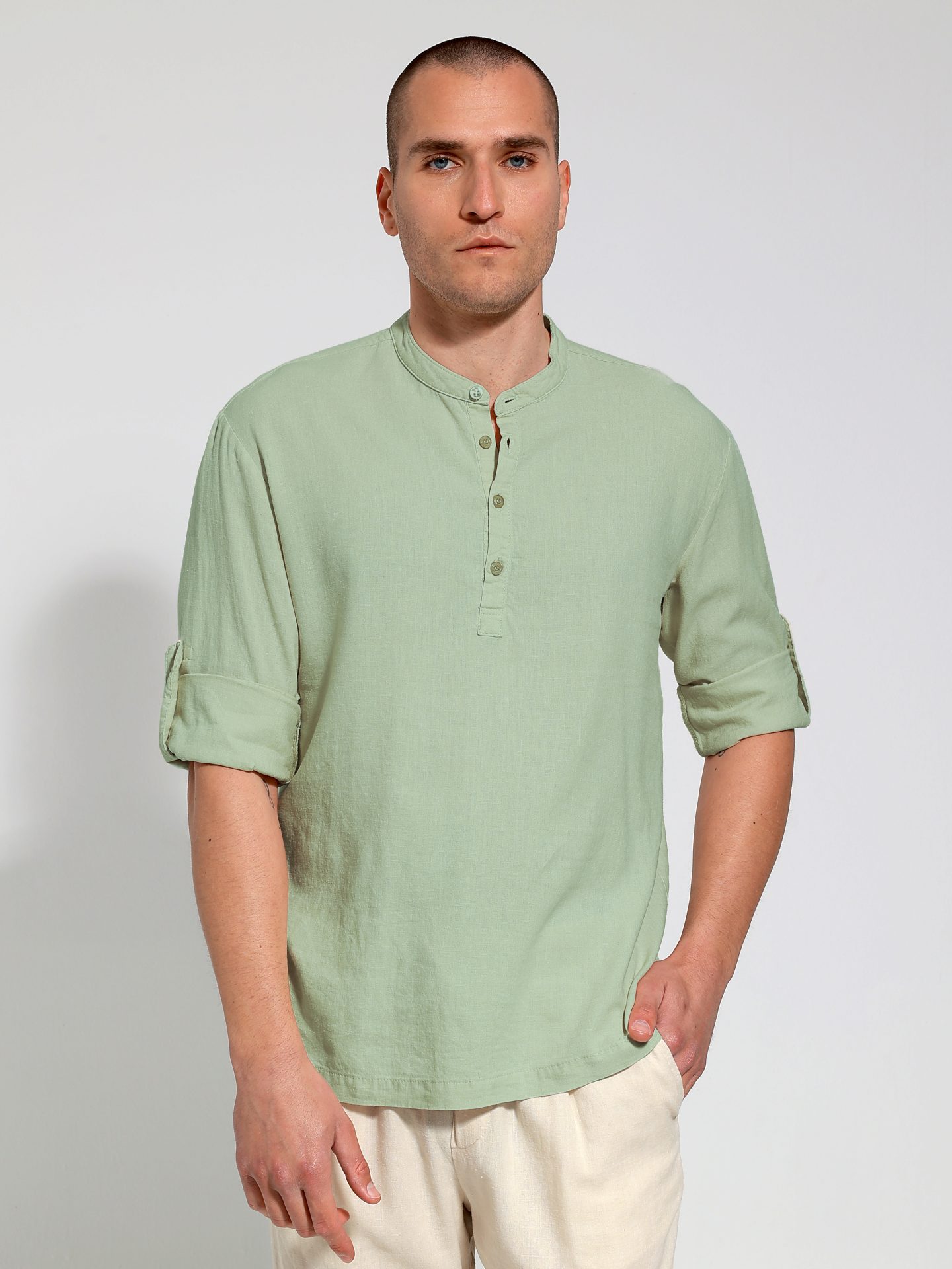 4S0A2940 copy Λινή Πουκαμίσα Μακρύ Μανίκι Slim-fit SANTINO 33-7510 Μέντα - Image 1