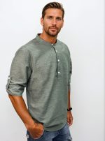 Λινή Πουκαμίσα Μακρύ Μανίκι Slim-fit LEANDRO 33-7455 Πράσινο - Image 3