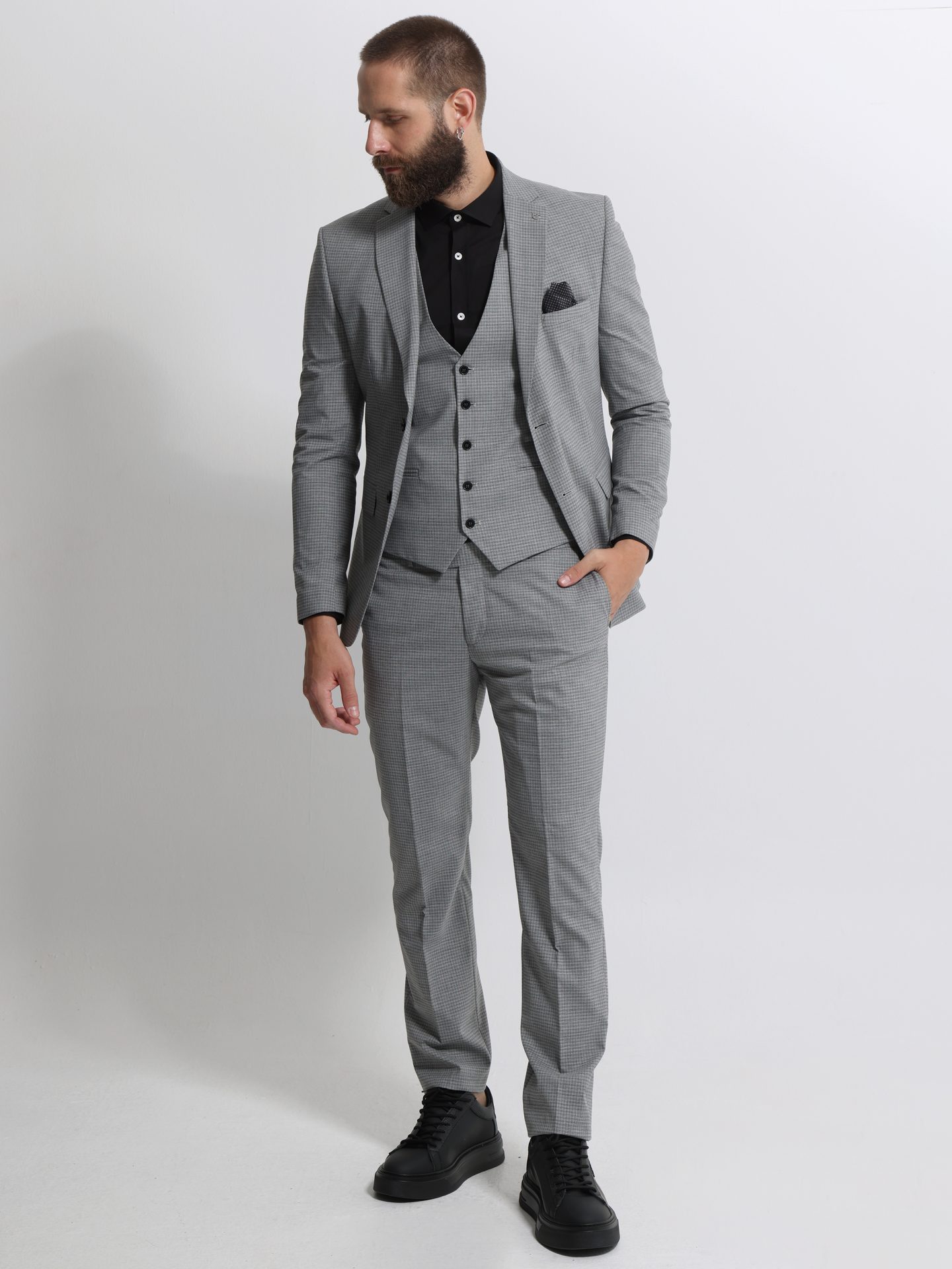 3k__2028_gkri___z0410 Ανδρικό Καρό Κοστούμι Με Γιλέκο BRUNO 2028 Grey - Image 1