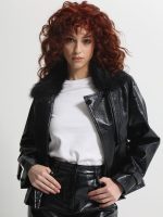 Γυναικείο Vinyl Μπουφάν με Γούνινο Γιακά ALICE 8713 Μαύρο - Image 2